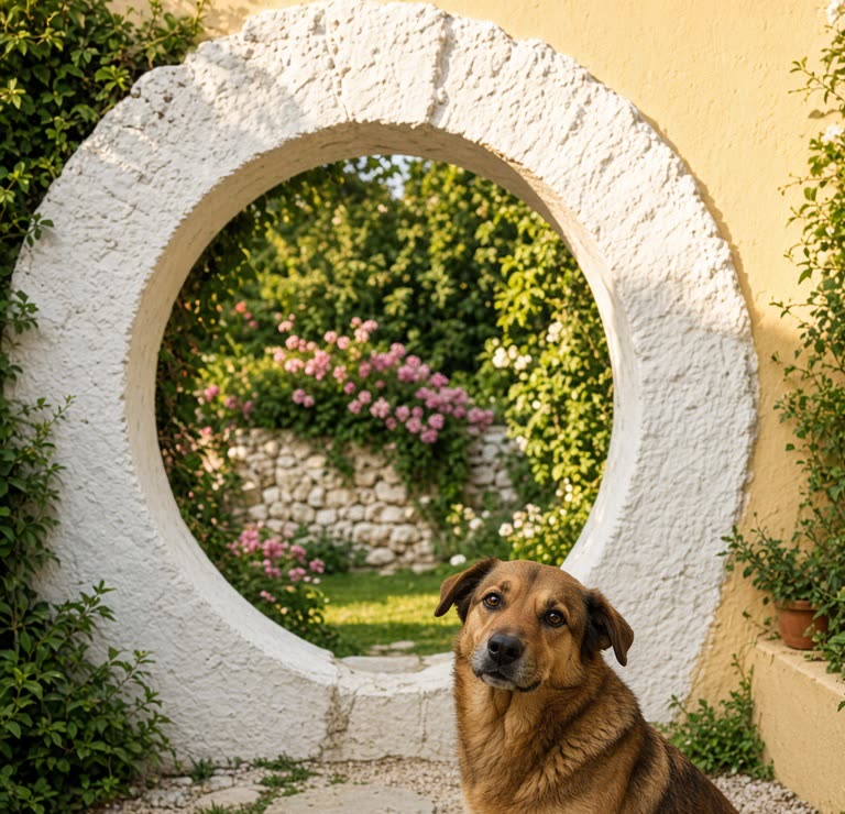 A brown mixed breed dog sitting by a white moongate arch in a Bermuda garden