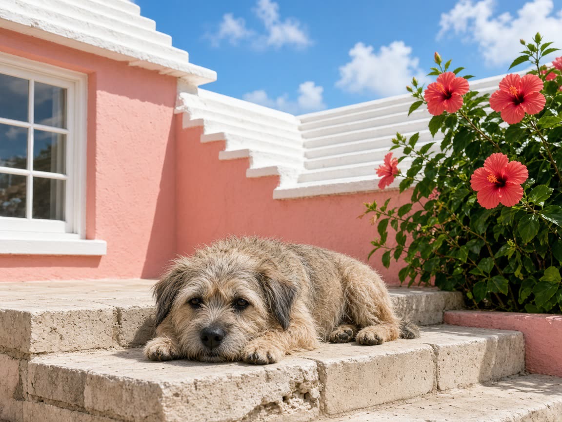 A scruffy terrier resting on the limestone steps of a pink Bermuda cottage