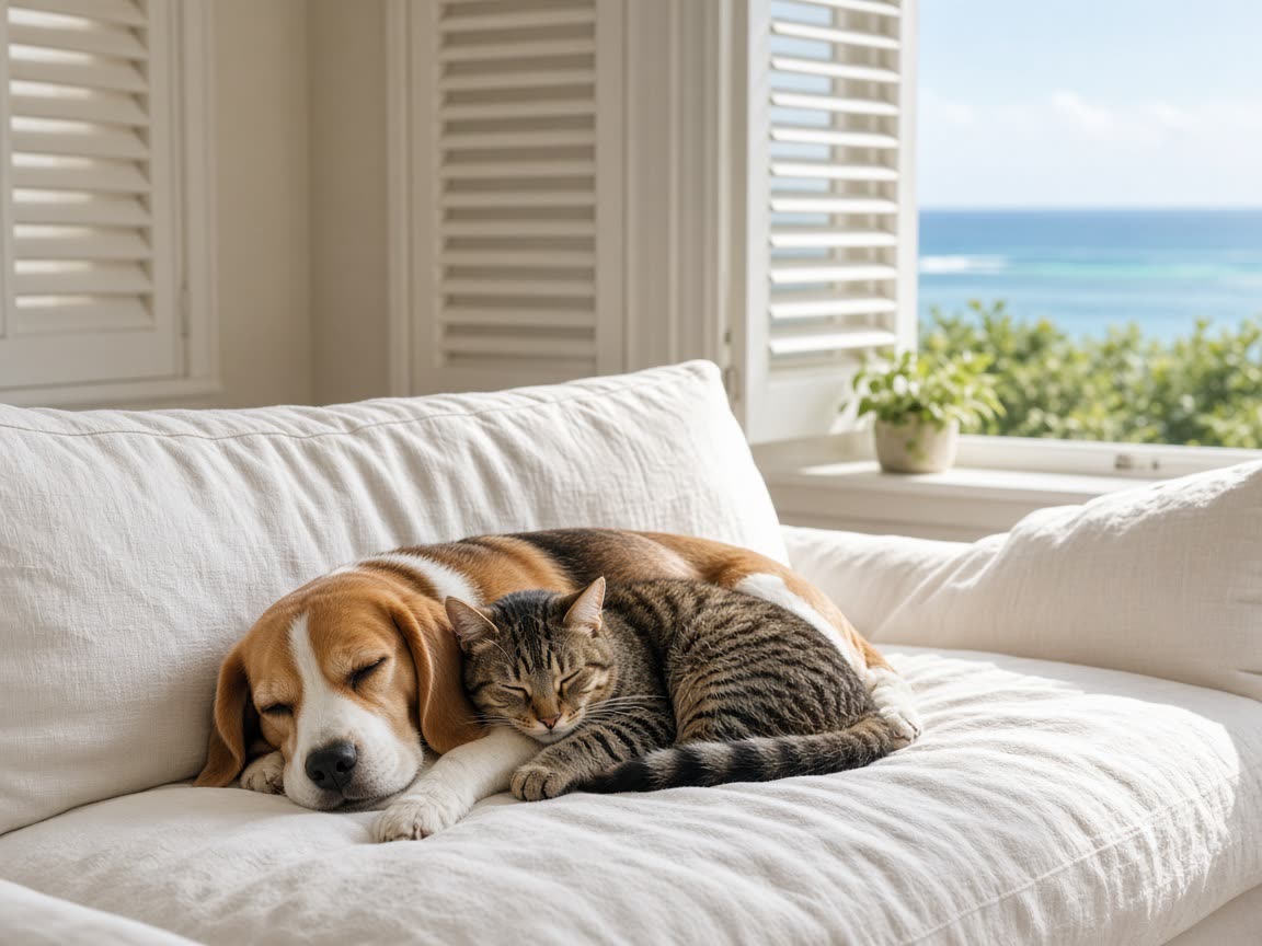 A beagle and a tabby cat asleep together on a white sofa beside a sea view window